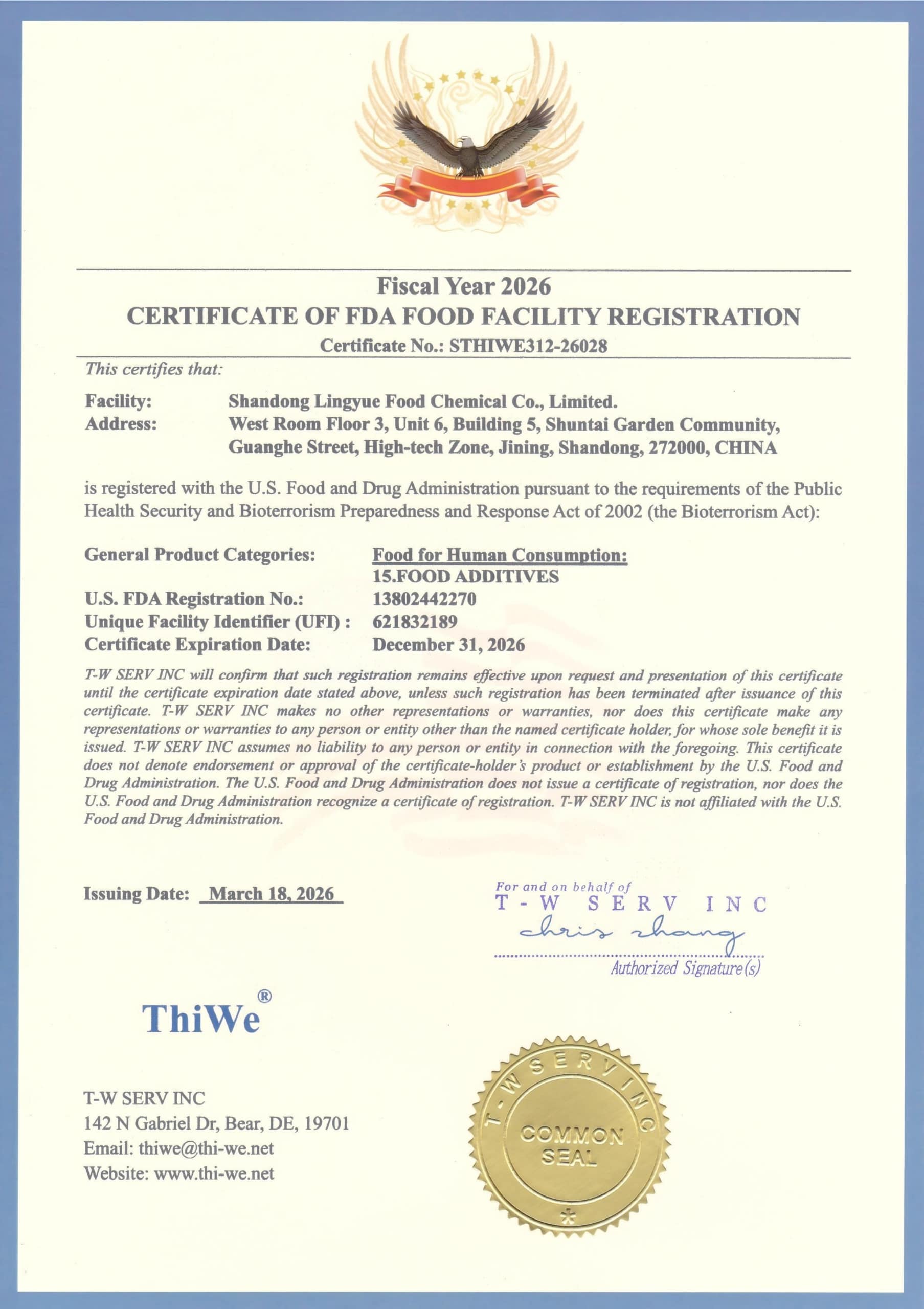 US FDA registration certificate